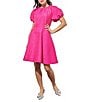 Color:Carmine Rose - Image 1 - Bouffant Crepe De Chine Round Neck Short Puff Sleeve Fit And Flare Dress