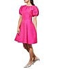 Color:Carmine Rose - Image 3 - Bouffant Crepe De Chine Round Neck Short Puff Sleeve Fit And Flare Dress