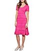 Color:Carmine Rose - Image 1 - Burnout Stripe Jacquard Pointelle Knit Scoop Neck Short Sleeve Ruffle Hem A-Line Dress