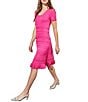 Color:Carmine Rose - Image 3 - Burnout Stripe Jacquard Pointelle Knit Scoop Neck Short Sleeve Ruffle Hem A-Line Dress