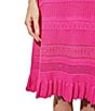 Color:Carmine Rose - Image 5 - Burnout Stripe Jacquard Pointelle Knit Scoop Neck Short Sleeve Ruffle Hem A-Line Dress