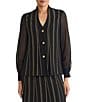 Ming Wang Coordinating Lurex Soft Knit Stripe Collar V-Neck Sheer Long Sleeve Cardigan, Color:Black/Gold - Image 1