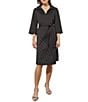 Color:Black - Image 1 - Cotton Blend Point Collar V-Neck 3/4 Sleeve Belted Shift Dress