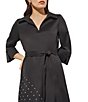 Color:Black - Image 4 - Cotton Blend Point Collar V-Neck 3/4 Sleeve Belted Shift Dress