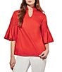 Color:Flamenco - Image 1 - Cotton Blend Stand Split V-Neck 3/4 Pleated Bell Sleeve Blouse