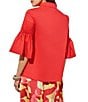 Color:Flamenco - Image 2 - Cotton Blend Stand Split V-Neck 3/4 Pleated Bell Sleeve Blouse