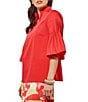 Color:Flamenco - Image 3 - Cotton Blend Stand Split V-Neck 3/4 Pleated Bell Sleeve Blouse