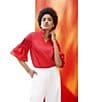 Color:Flamenco - Image 5 - Cotton Blend Stand Split V-Neck 3/4 Pleated Bell Sleeve Blouse