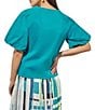 Color:Bermuda - Image 2 - Cotton Blend V-Neck Short Puff Sleeve Blouse