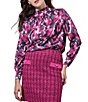 Color:Mulberry/Granite/Black/Ivory - Image 1 - Crepe de Chine Abstract Floral Print Mock Neck Long Sleeve Blouse