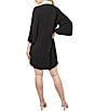 Color:Black/White - Image 2 - Crepe de Chine Pleated Contrast Trim Point Collar 3/4 Bell Sleeve Button-Front Shirt Dress