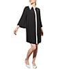 Color:Black/White - Image 3 - Crepe de Chine Pleated Contrast Trim Point Collar 3/4 Bell Sleeve Button-Front Shirt Dress