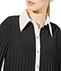 Color:Black/White - Image 4 - Crepe de Chine Pleated Contrast Trim Point Collar 3/4 Bell Sleeve Button-Front Shirt Dress