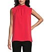 Color:Flamenco - Image 1 - Crepe De Chine Pleated Smocked Mock Neck Sleeveless Side Slit Hem Blouse