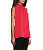 Color:Flamenco - Image 3 - Crepe De Chine Pleated Smocked Mock Neck Sleeveless Side Slit Hem Blouse