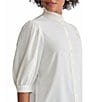 Ming Wang Crepe De Chine Ruffle Neck Elbow Sleeve Button Front Blouse, Color:White - Image 4