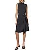 Color:Black - Image 1 - Crepe De Chine Woven Ruffle Mock Neck Sleeveless Belted A-Line Dress
