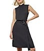 Color:Black - Image 4 - Crepe De Chine Woven Ruffle Mock Neck Sleeveless Belted A-Line Dress