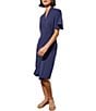 Color:Indigo - Image 3 - Crepe De Chine Woven V-Neck Short Sleeve Faux Wrap Dress
