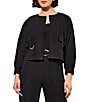 Color:Black - Image 1 - Deco Crepe Woven Split Round Neck Flap Pocket Drop Shoulder Long Sleeve Jacket