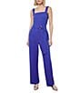 Color:Sapphire Sea - Image 1 - Deco Crepe Woven Square Neck Sleeveless Side Pocket Belted Jumpsuit