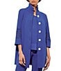 Color:Sapphire Sea - Image 1 - Deco Crepe Woven Stand Ruffle Collar 3/4 Sleeve Button-Front Long Jacket