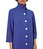 Color:Sapphire Sea - Image 5 - Deco Crepe Woven Stand Ruffle Collar 3/4 Sleeve Button-Front Long Jacket