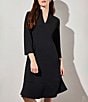 Color:Black - Image 1 - Deco Crepe Woven V-Neck 3/4 Sleeve Tiered Ruffled Hem A-Line Dress