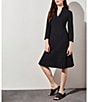 Color:Black - Image 3 - Deco Crepe Woven V-Neck 3/4 Sleeve Tiered Ruffled Hem A-Line Dress