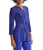 Ming Wang Dual-Tone Soft Knit Split V-Neck 3/4 Sleeve Tunic, Color:Sapphire Sea/Black - Image 3