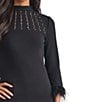 Ming Wang Embellished Soft Knit High Neck 3/4 Feather Trim Top, Color:Black/White - Image 5