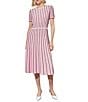 Color:Perfect Pink/Black - Image 1 - Grid Striped Soft Knit Round Neck Short Sleeve A-Line Dress