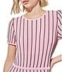 Color:Perfect Pink/Black - Image 4 - Grid Striped Soft Knit Round Neck Short Sleeve A-Line Dress
