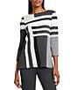 Ming Wang Intarsia Color Block Soft Knit Boat Neck 3/4 Sleeve Tunic, Color:Granite/Lunar Rock/Multi - Image 1