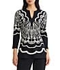 Ming Wang Jacquard Knit Printed Split V-Neck Bracelet Sleeve Tunic - Image 1