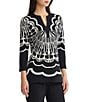 Ming Wang Jacquard Knit Printed Split V-Neck Bracelet Sleeve Tunic - Image 3