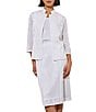 Color:White - Image 4 - Jacquard Knit Soutache Trim Mandarin Collar 3/4 Sleeve Open Front Coordinating Jacket