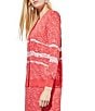 Color:Flamenco/White - Image 3 - Knit Abstract Print Open Front 3/4 Sleeve Jacket
