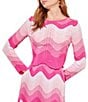 Color:Rose/Pink/White - Image 1 - Knit Chevron Ombre Print Crew Neck Long Sleeve Cropped Scalloped Hem Coordinating Top