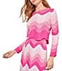 Color:Rose/Pink/White - Image 4 - Knit Chevron Ombre Print Crew Neck Long Sleeve Cropped Scalloped Hem Coordinating Top