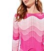 Color:Rose/Pink/White - Image 5 - Knit Chevron Ombre Print Crew Neck Long Sleeve Cropped Scalloped Hem Coordinating Top