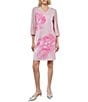 Color:Perfect Pink/Rose/White - Image 1 - Knit Floral Print V-Neck 3/4 Pleated Bell Sleeves A-Line Dress