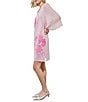 Color:Perfect Pink/Rose/White - Image 3 - Knit Floral Print V-Neck 3/4 Pleated Bell Sleeves A-Line Dress