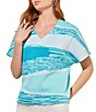 Color:Ocean/Bermuda/White - Image 1 - Knit Jacquard Abstract Print Printed V-Neck Short Sleeve Top