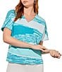 Color:Ocean/Bermuda/White - Image 3 - Knit Jacquard Abstract Print Printed V-Neck Short Sleeve Top
