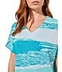 Color:Ocean/Bermuda/White - Image 4 - Knit Jacquard Abstract Print Printed V-Neck Short Sleeve Top