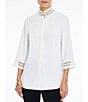Color:White - Image 1 - Lace Trim 3/4 Sleeve Mandarin Collar Shirt
