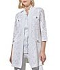 Color:White - Image 1 - Longline Burnout Abstract Knit Round Neck 3/4 Sleeve Side Slits Jacket