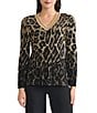 Ming Wang Lurex Leopard Print Jacquard V-Neck Long Sleeve Tunic, Color:Black/Gold - Image 1