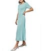 Color:Oceanfront - Image 4 - Metallic Jacquard Soft Knit Round Neck Short Sleeve Pleated A-Line Maxi Dress